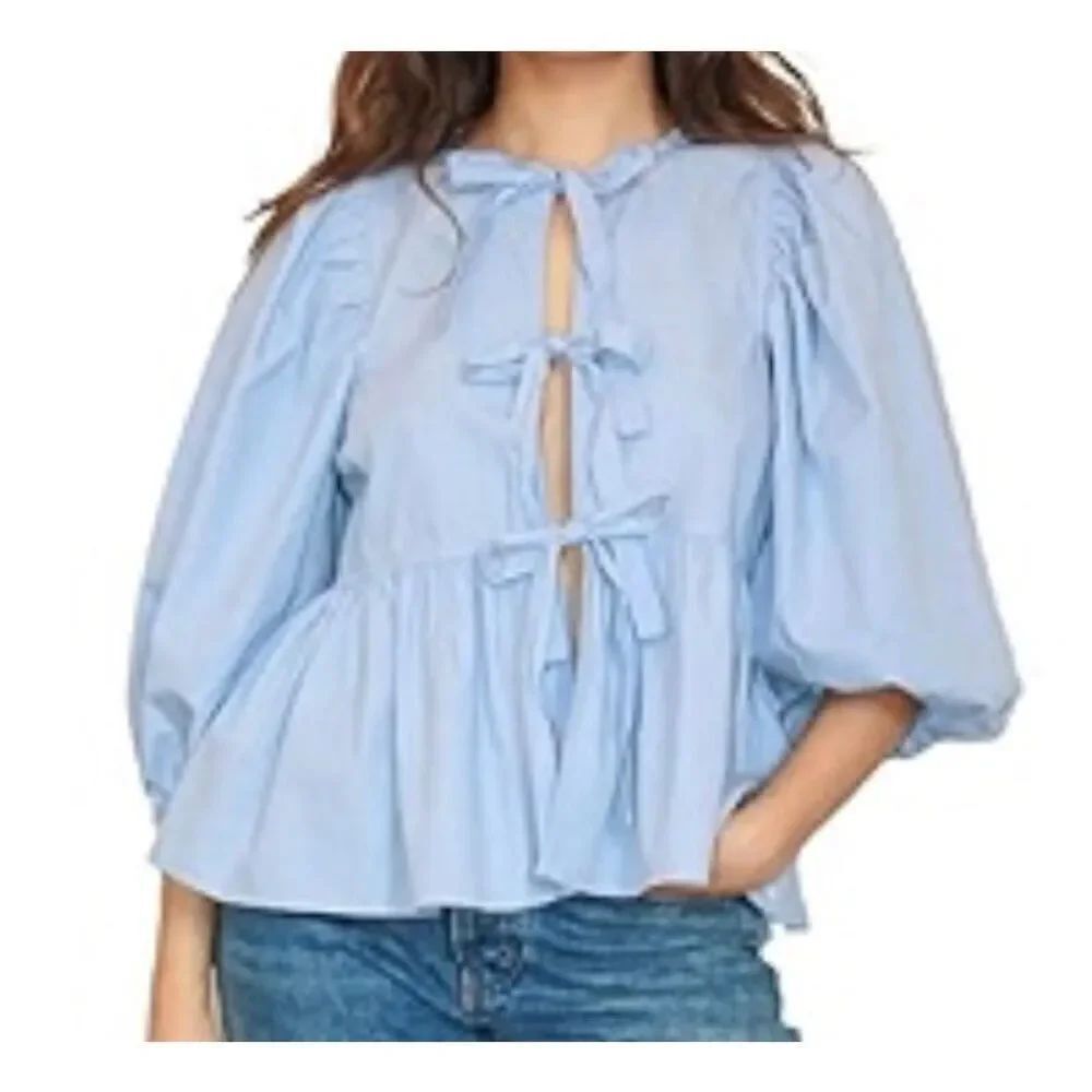 Blue cotton puff sleeve tie front fashion top size M